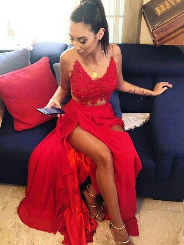 Red Color Lace Fashion Long Prom Dresses, 2020 Newest Long Prom Dresses