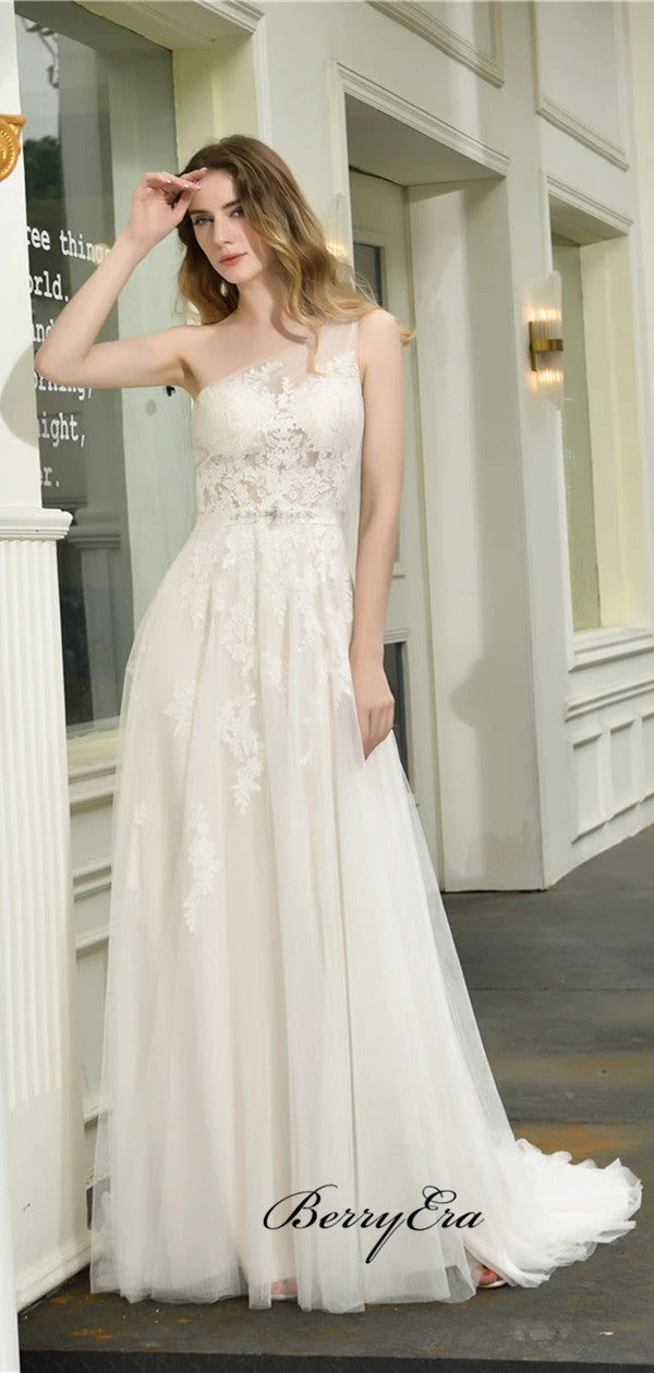 Modest One Shoulder Lace Wedding Dresses, A-line Elegant Bridal Gowns