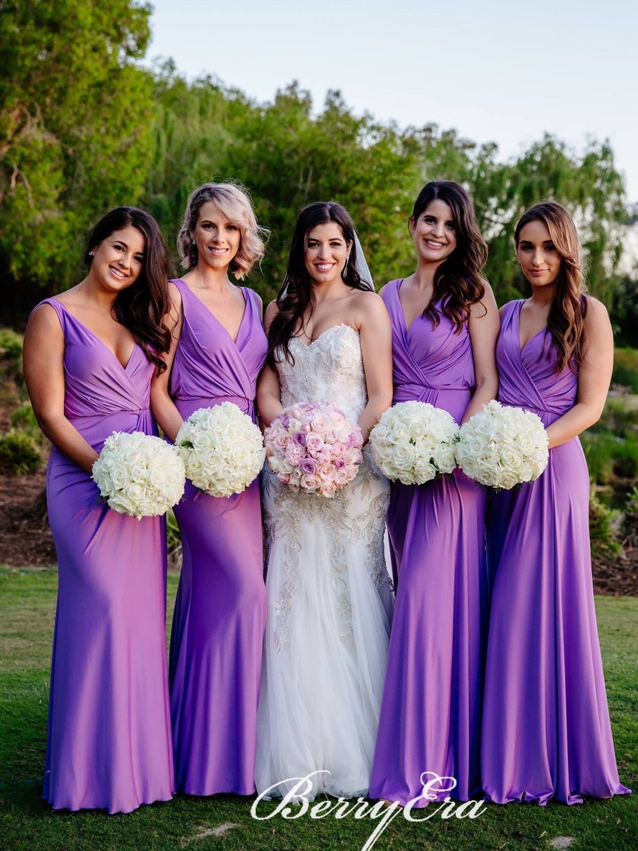 V-neck Purple Jersey Sheath Long Bridesmaid Dresses
