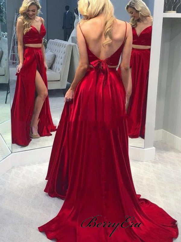 Two Pieces Simple Long Prom Dresses, V-neck Prom Dresses