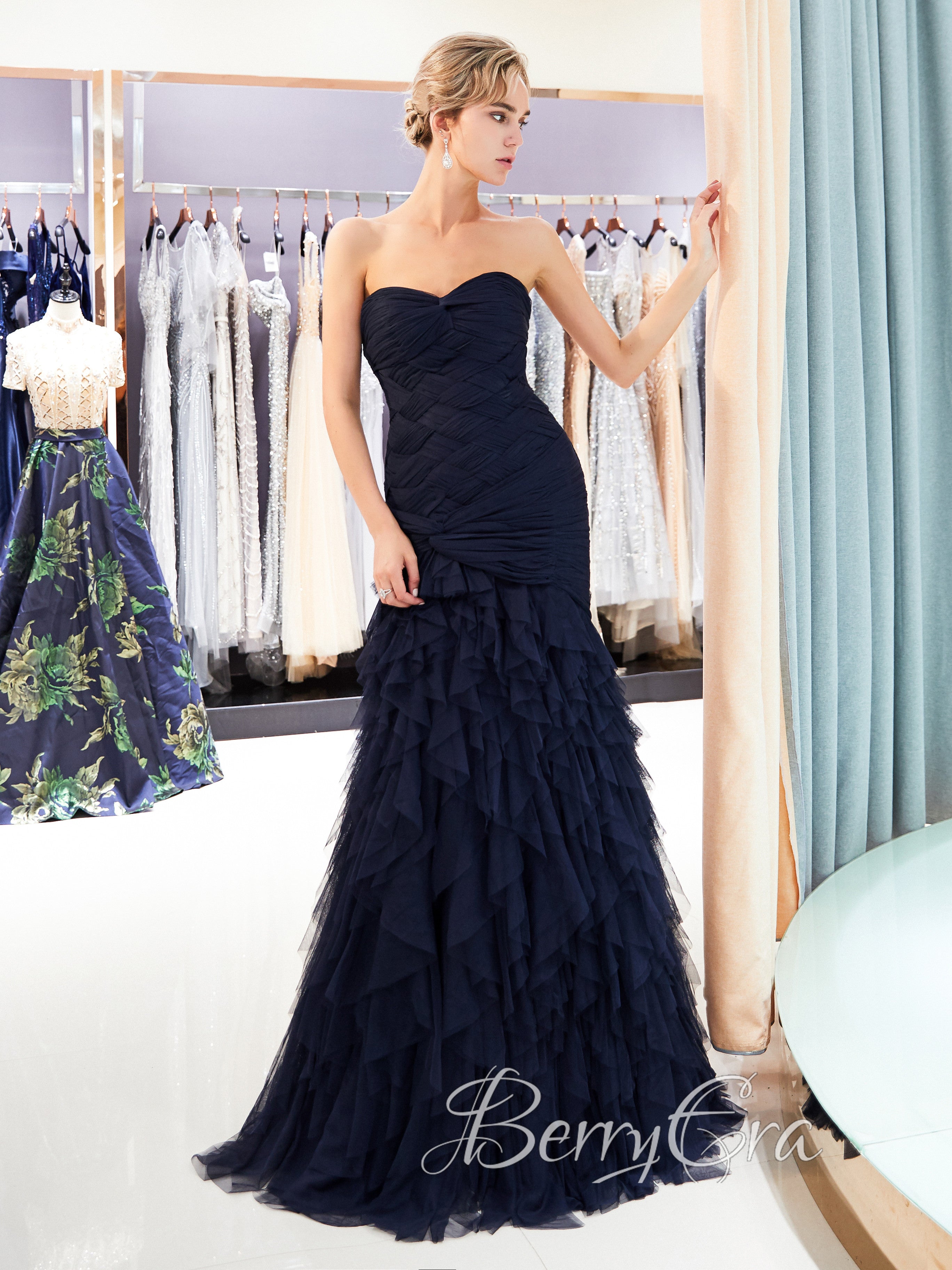 Navy Blue Tulle Prom Dresses, Gorgeous Mermaid Prom Dresses, 2023 Prom Dresses, Handmade Prom Dresses