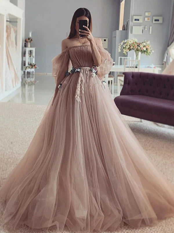Off Shoulder Dark Nude Tulle Fairytale Prom Dresses, Wedding Dresses, Berryera Off Shoulder Dark Nude Tulle Fairytale Prom Dresses, Wedding Dresses, Berryera