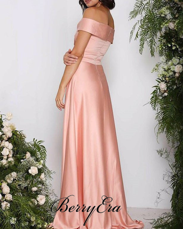 Off Shoulder Peach Elastic Satin Long Bridesmaid Dresses Berryera Off Shoulder Peach Elastic Satin Long Bridesmaid Dresses Berryera