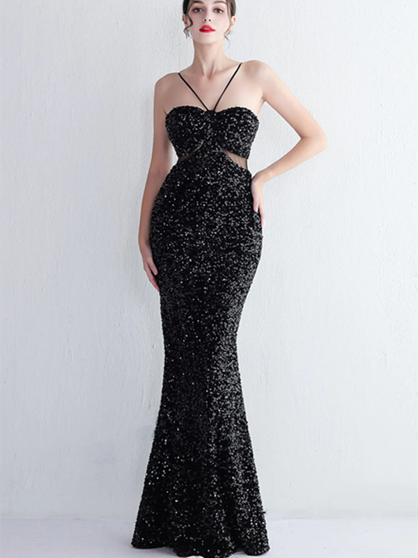 Halter Black Sequins Prom Dresses, Mermaid Sexy Evening Party Dresses, 2023 Long Prom Dresses