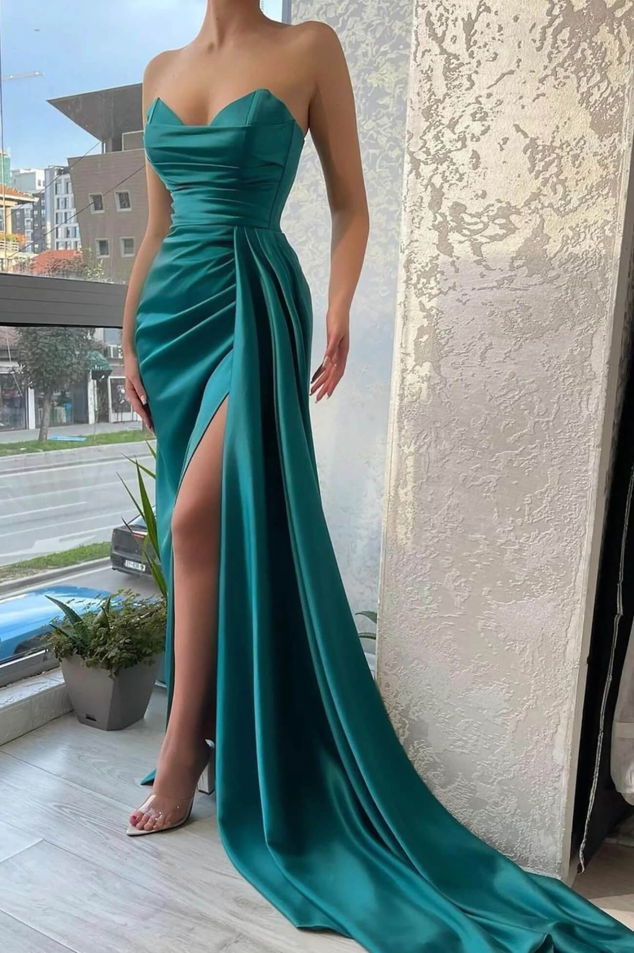 High Side Slit Strapless Evening Dresses, Newest 2023 Long Prom Dresses, Sexy Party Dresses with Streamer