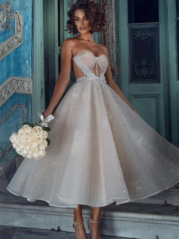 Sweetheart Tea Length Prom Dresses, 2023 Fashion Sequins Prom Dresses, A-line Girl Evening Dresses