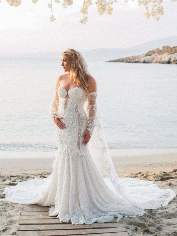 Long Sleeves Lace Fashion Wedding Dresses, Mermaid Popular 2020 Wedding Dresses