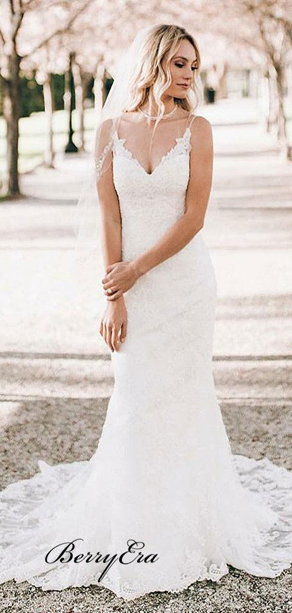 Spaghetti Straps V-neck Wedding Dresses, Lace Wedding Dresses