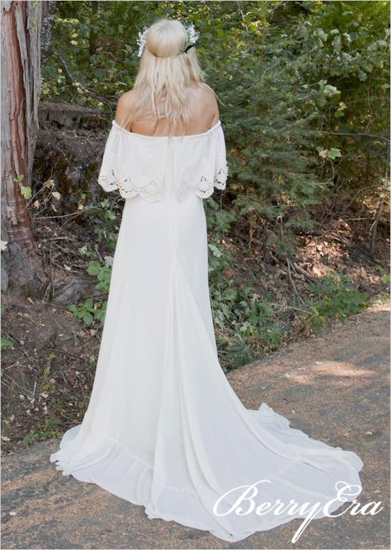Off Shoulder Long Sheath Lace Boho Wedding Dresses