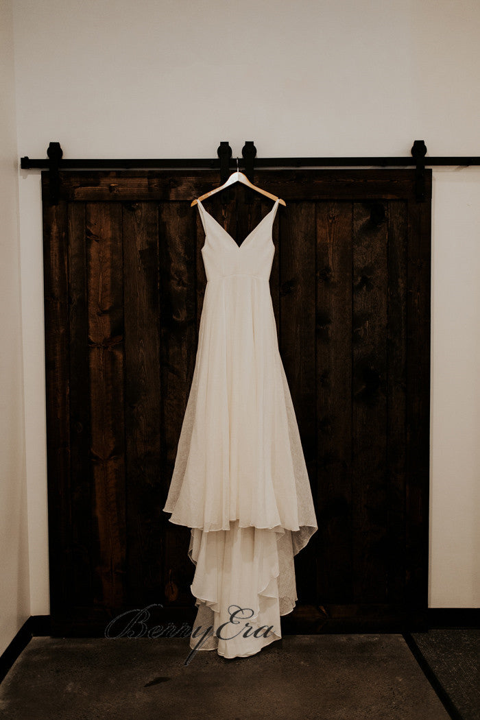 V-neck Long A-line Wedding Dresses, Simple Design Country Wedding Dresses