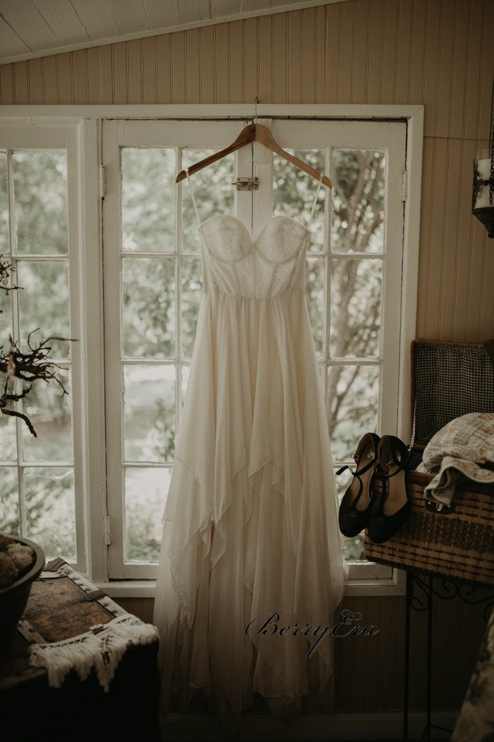 Sweetheart Long A-line Chiffon Lace Wedding Dresses, Simple Country Wedding Dresses
