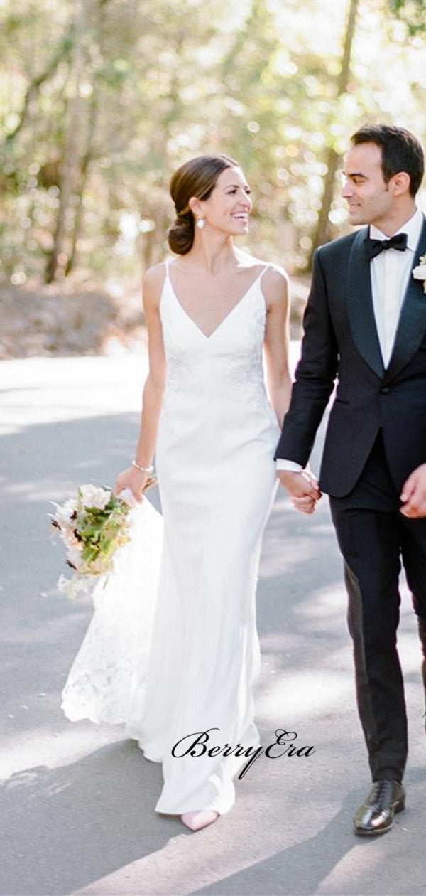 Spaghetti Straps Wedding Dresses, V-neck Lace Design Wedding Dresses