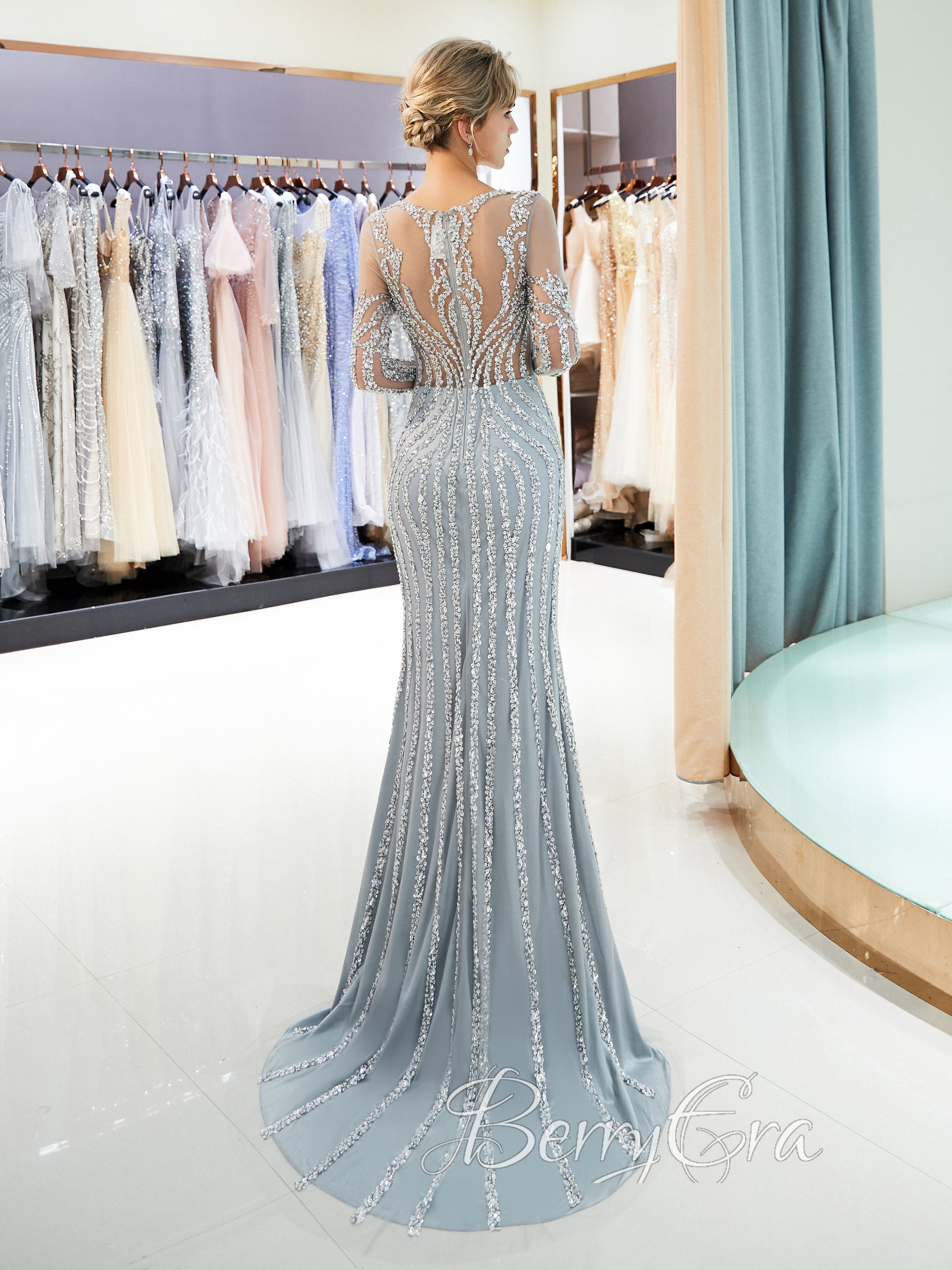 Luxury Beaded Mermaid Prom Dresses, Long Sleeves Prom Dresses, 2023 Prom Dresses, Evening Dresses
