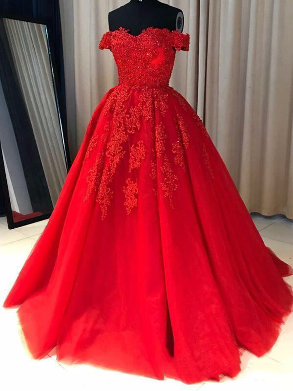 Off Shoulder Red Lace Tulle Prom Dresses, A-line Prom Dresses, Lovely Prom Dresses