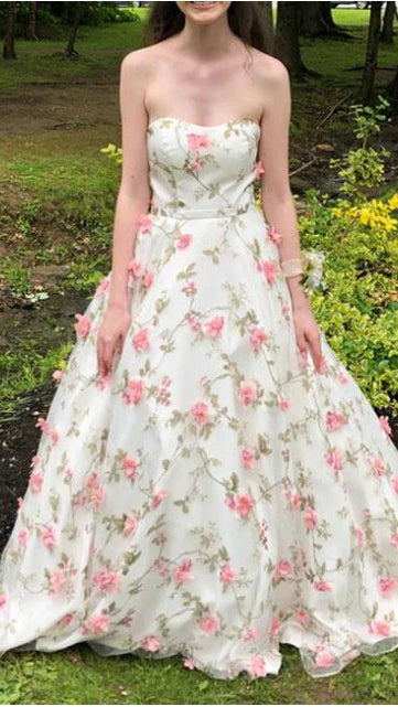 Strapless Floral Long Prom Dresses, A-line Long Prom Dresses, Popular Long Prom Dresses