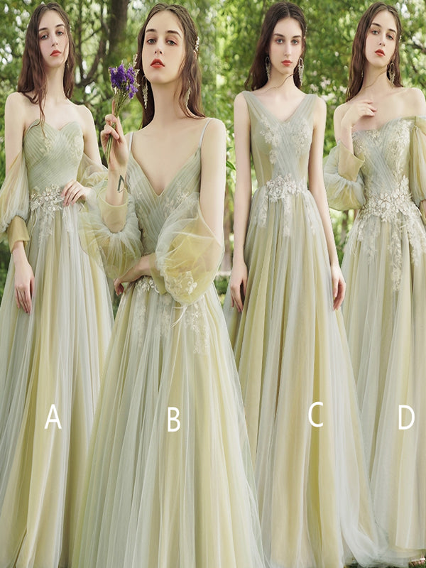 Mismatched Tulle Lace Appliques Bridesmaid Dresses, A-line Bridesmaid Dresses, Popular Bridesmaid Dresses, 2021 Bridesmaid Dresses