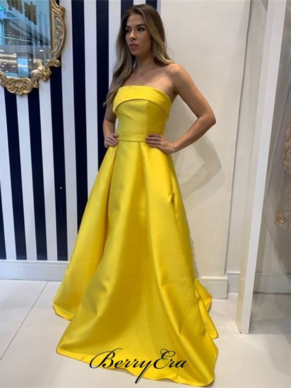Strapless A-line Satin Evening Party Long Prom Dresses, 2020 Popular Prom Dresses