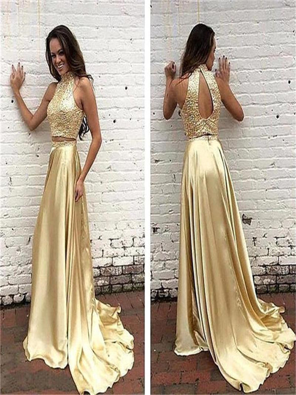 Two Piece Top Beaded Long A-Line Prom Dresses, Sparkly Halter Sleeveless Prom Dresses