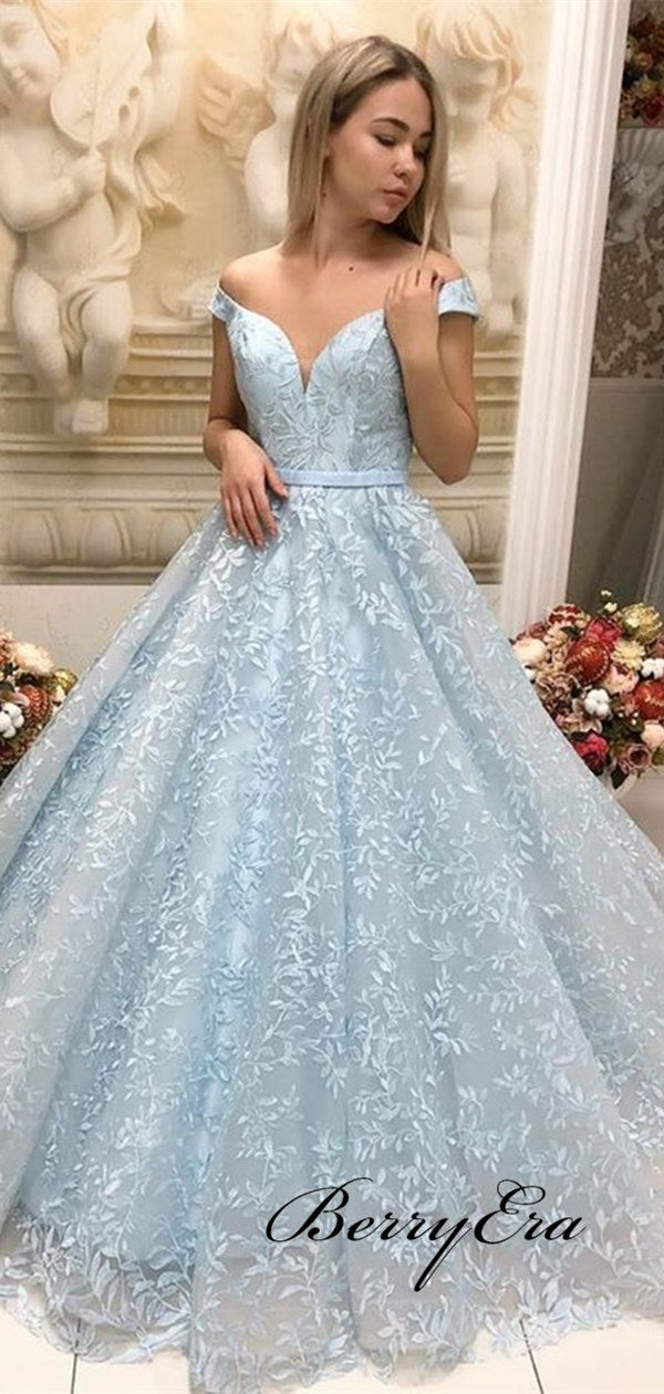 Off Shoulder Sky Blue Long Prom Dresses, A-line Elegant Lace 2020 Prom Dresses
