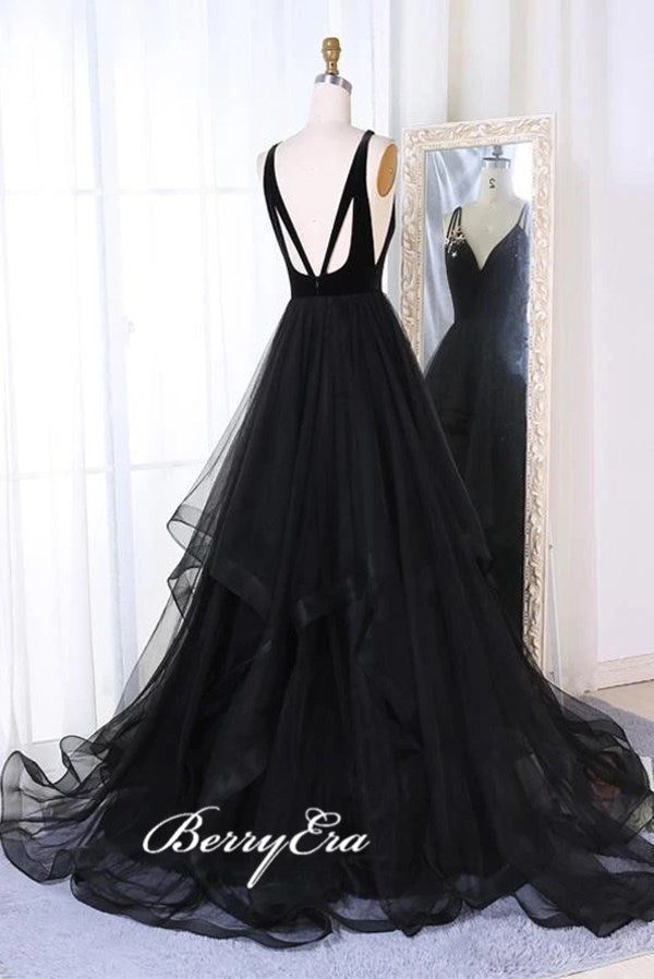 A-line Long Tulle Prom Dresses, Black School Graduation Prom Dresses, 2020 Prom Dresses