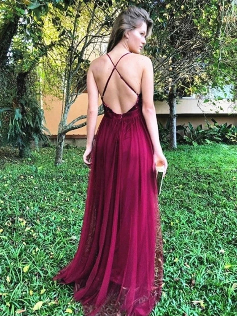 Deep V-neck Long A-line Sequin Tulle Prom Dresses, High SIde Slit Prom Dresses, 2020 Prom Dresses