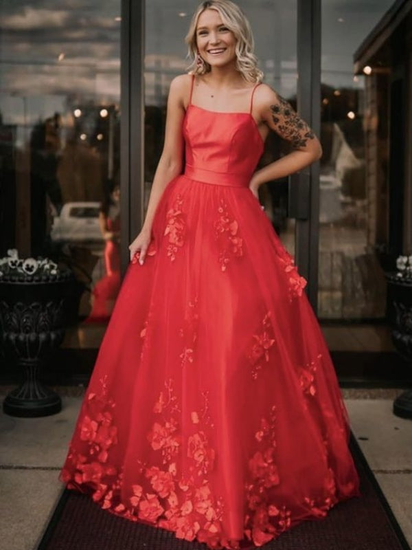 Red Color Appliques Long Prom Dresses, Elegant Flower A-line Prom Dresses