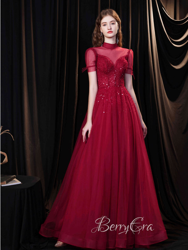 High Neck Burgundy Beaded Tulle Prom Dresses, Princess Dresses, 2023 P Berryera High Neck Burgundy Beaded Tulle Prom Dresses, Princess Dresses, 2023 P Berryera