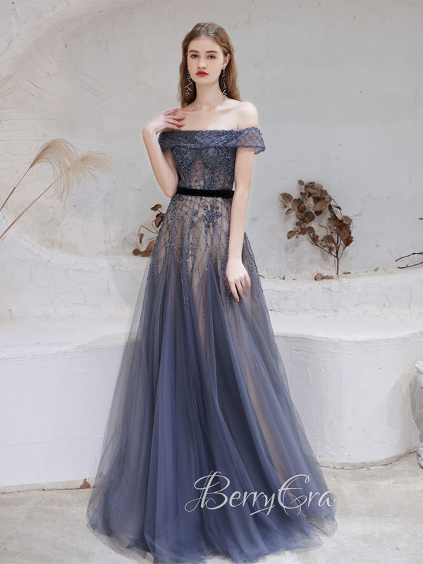 Off Shoulder A-line Navy Beaded Prom Dresses, Princess Core Dresses, N Berryera Off Shoulder A-line Navy Beaded Prom Dresses, Princess Core Dresses, N Berryera
