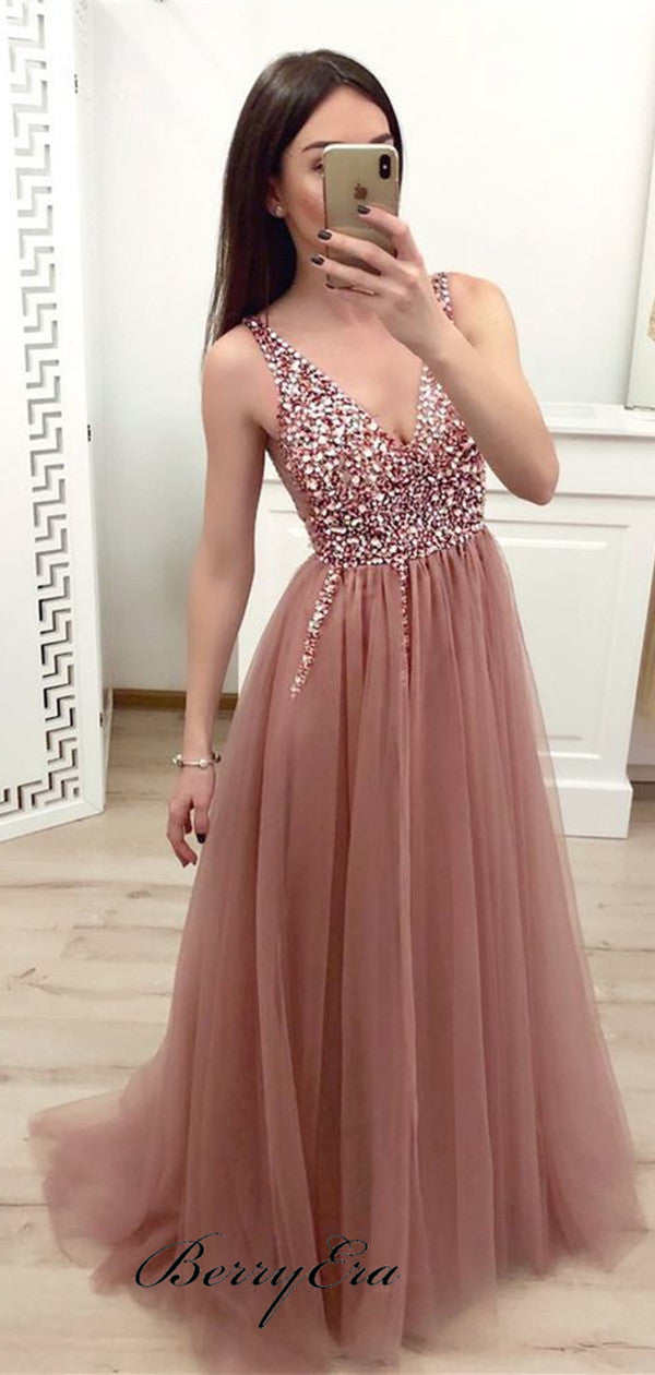 Tulle Beaded Long A-line Prom Dresses, School Party Prom Dresses