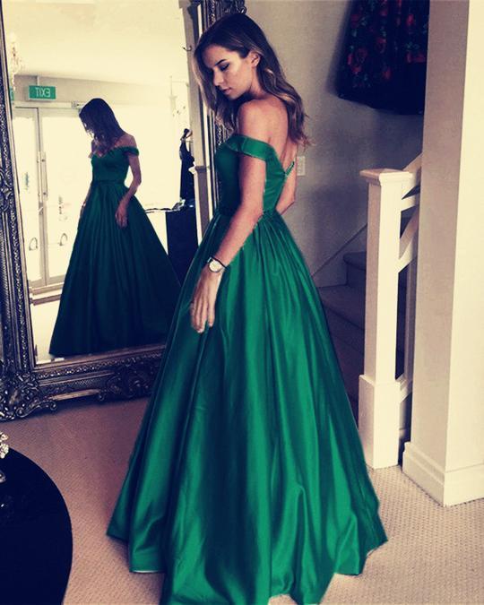 Emerald Green Satin Long A-line Off Shoulder Prom Dresses – Berryera
