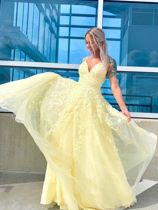 2020 Popular Lace Prom Dresses, Yellow Tulle A-line Lace Prom Dresses