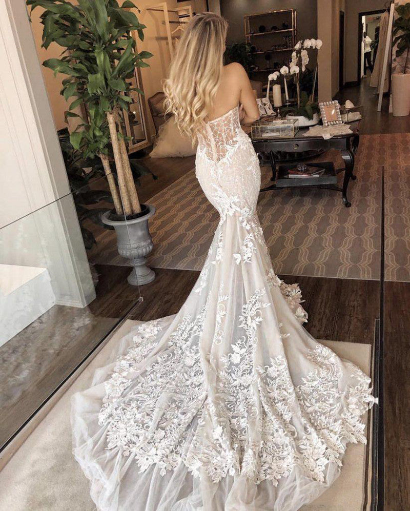 Sweetheart Fancy Long Wedding Dresses, Strapless Mermaid Lace Wedding Dresses