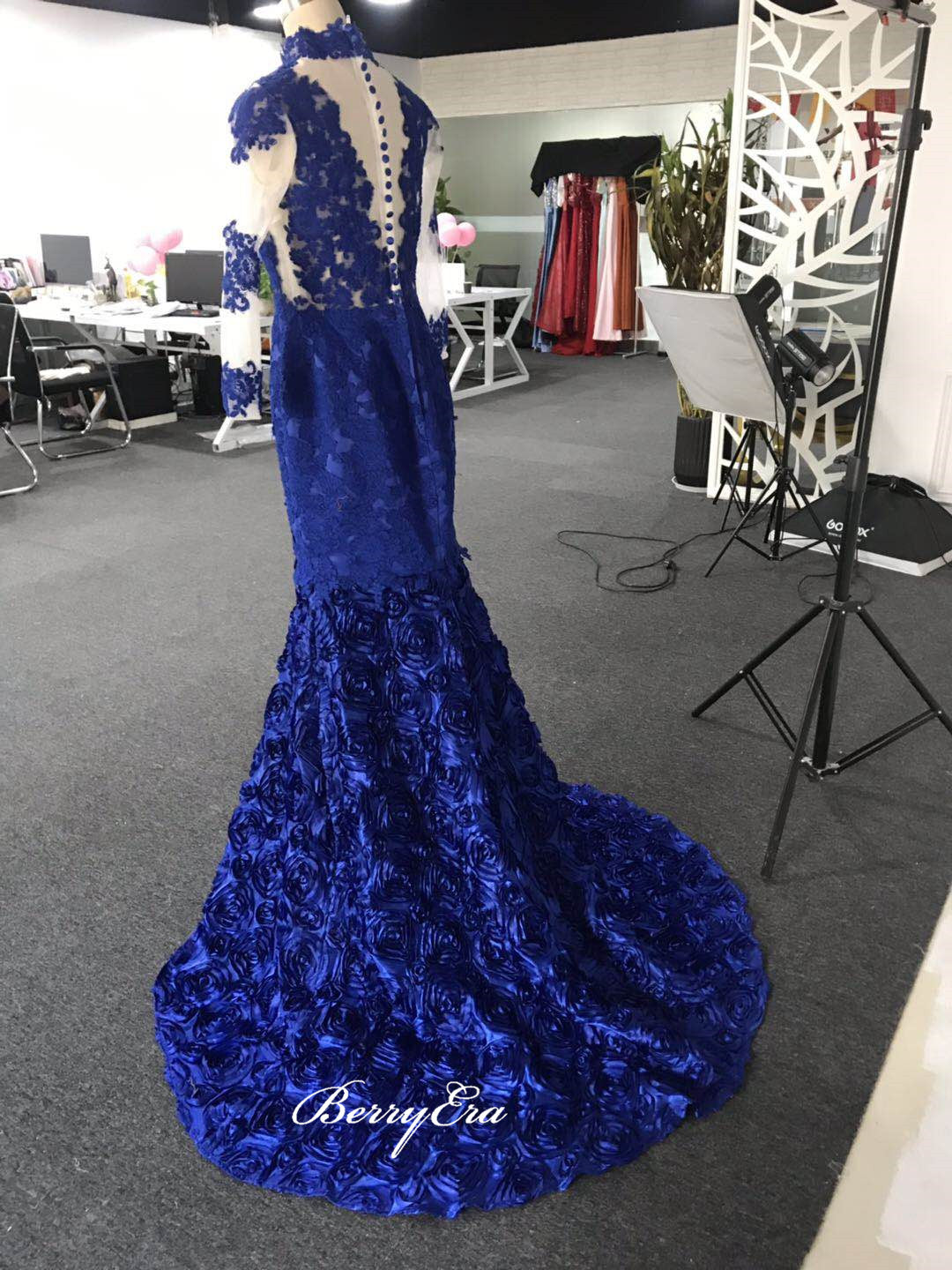 3D Flower Lace 2020 Long Prom Dresses, Long Sleeves Mermaid Design Prom Dresses