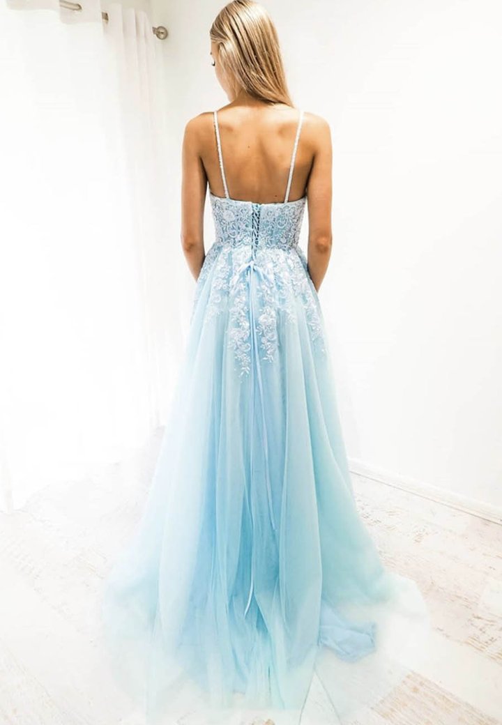 Sky Blue Tulle Long Prom Dresses, 2020 Spaghetti Straps Lace Prom Dresses