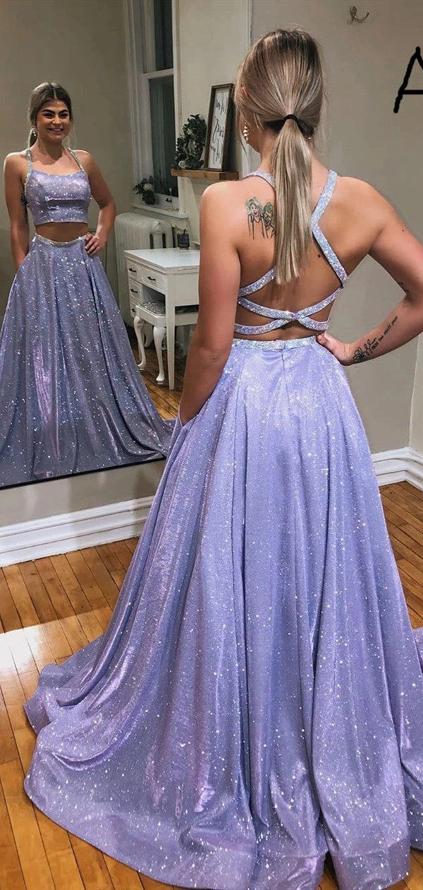 Two Pieces Shiny Popular Prom Dresses, Fashion Long Prom Dresses, 2020 Prom Dresses