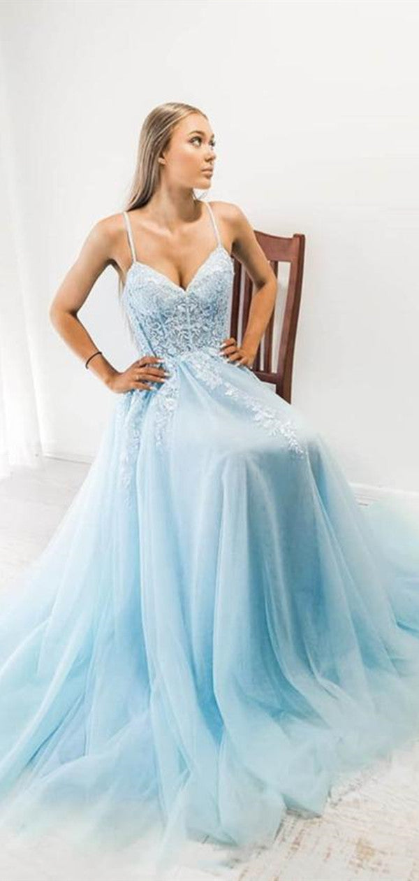 Sky Blue Tulle Long Prom Dresses, 2020 Spaghetti Straps Lace Prom Dresses