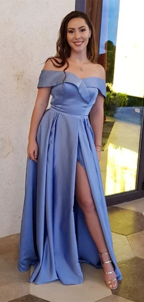 Off The Shoulder A-line Prom Dresses, Newest Satin 2021 Prom Dresses