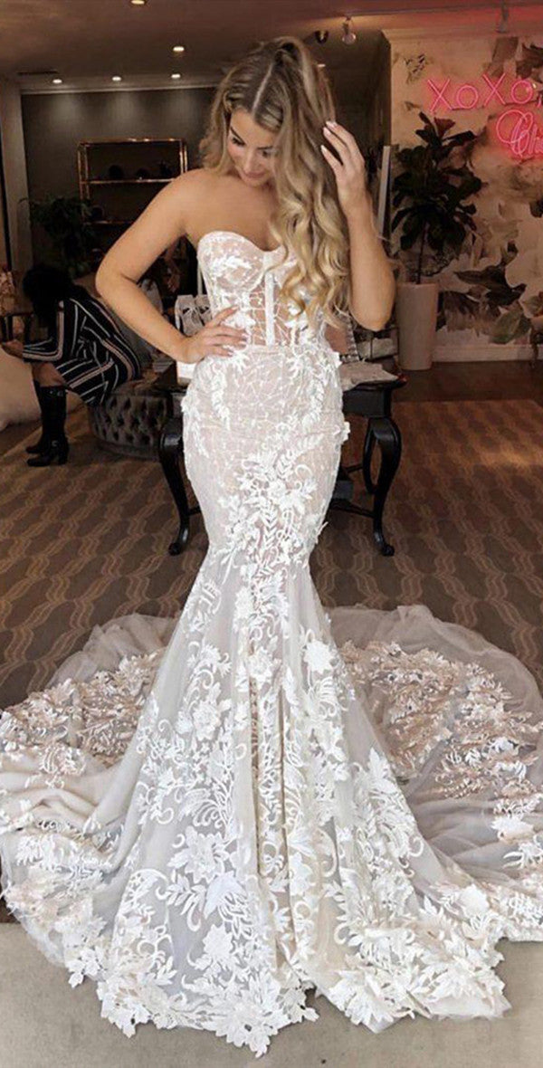 Sweetheart Fancy Long Wedding Dresses, Strapless Mermaid Lace Wedding ...