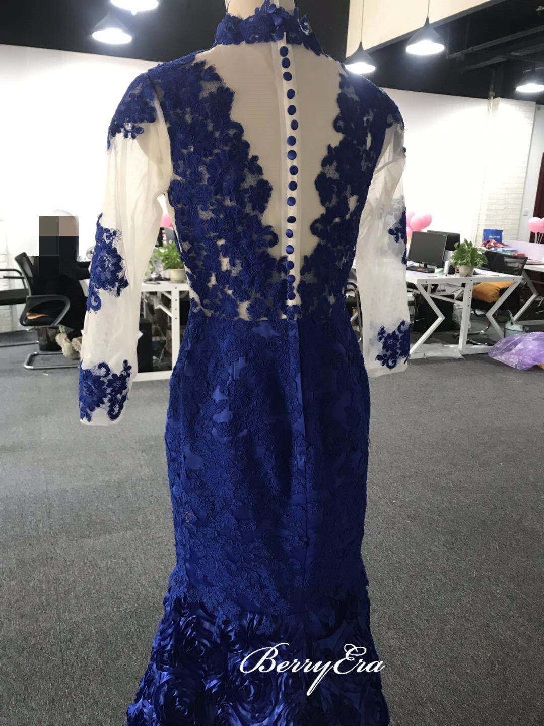 3D Flower Lace 2020 Long Prom Dresses, Long Sleeves Mermaid Design Prom Dresses