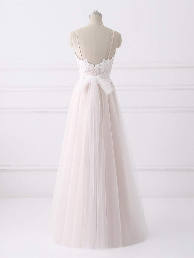 Spaghetti Long A-line Lace Tulle Simple Wedding Dresses
