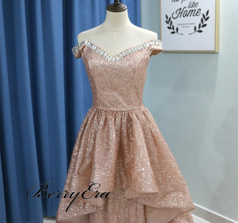 V-neck Off Shoulder Long Prom Dresses, Rose Gold Shiny Prom Dresses
