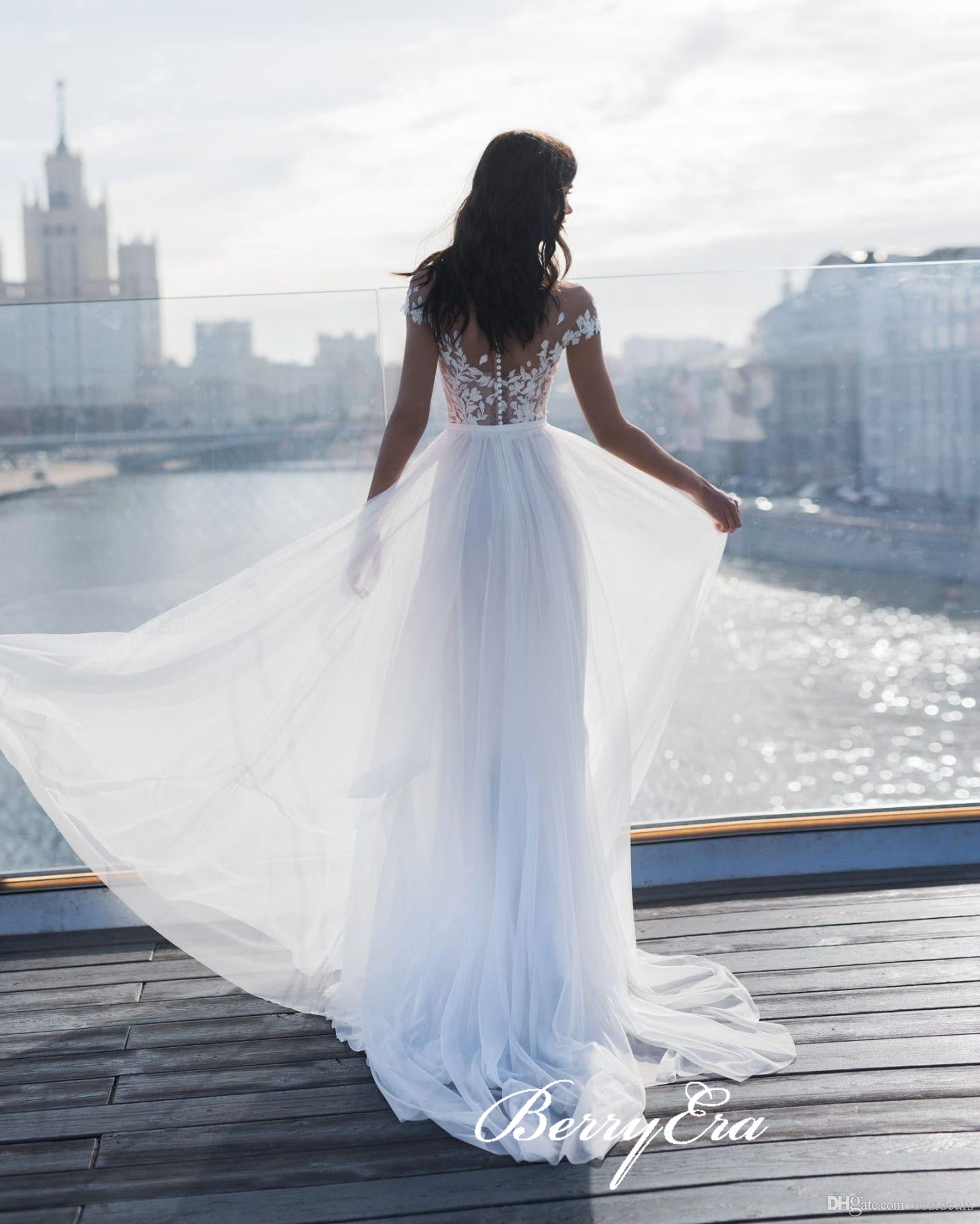Cap Sleevels Lace Top A-line Side Slit Tulle Wedding Dresses