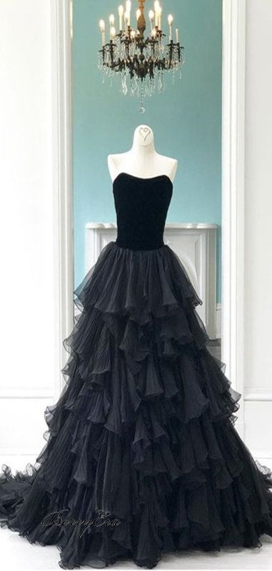Black Fluffy A-Line Prom Dresses Fancy Long Beauty Evening Party Prom Dresses