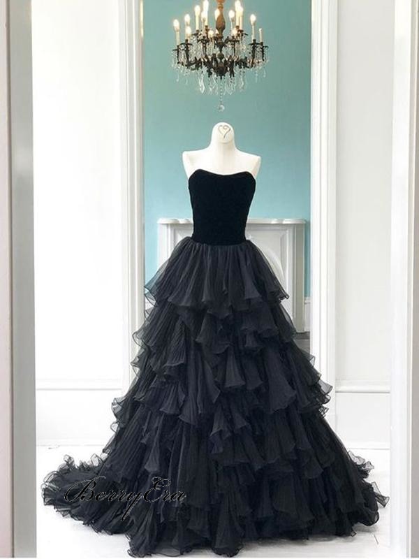 Black Fluffy A-Line Prom Dresses Fancy Long Beauty Evening Party Prom Dresses