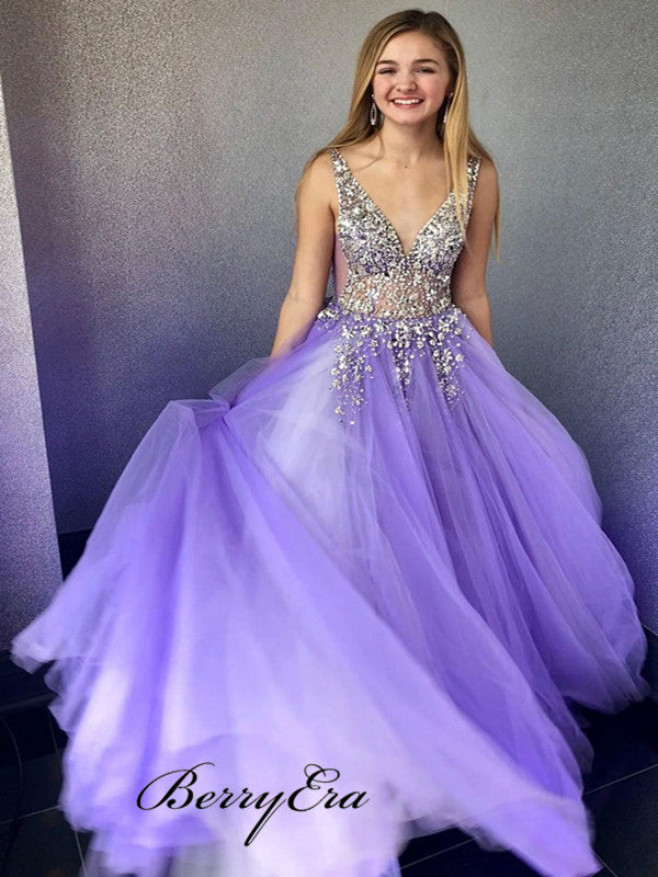 Charming Light Purple Prom Dresses, Tulle A-line Fancy Long Prom Dresses