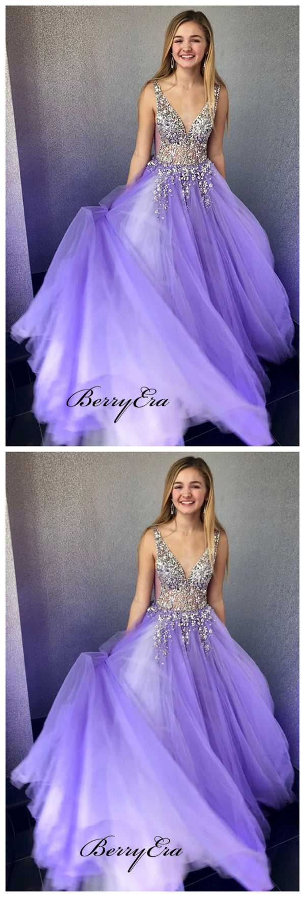 Purple Teens Ball Gown Plunge V neck Beading Prom Dress with Pockets