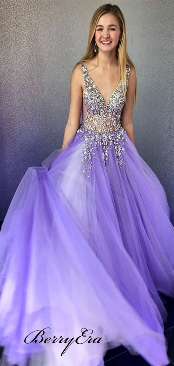 Charming Light Purple Prom Dresses, Tulle A-line Fancy Long Prom Dresses
