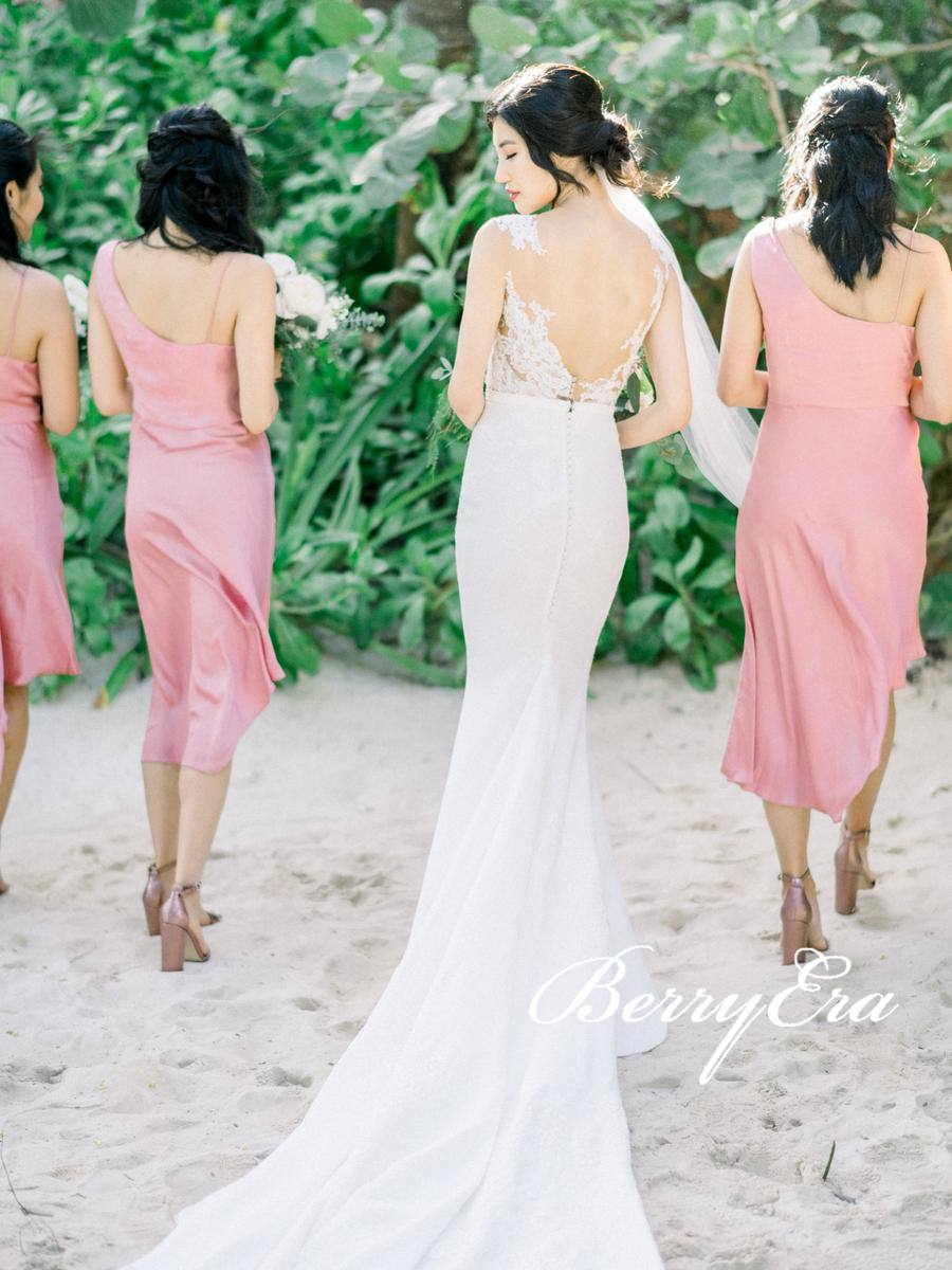 Romantic Short Beach Wedding Elastic Satin Bridesmaid Dresses