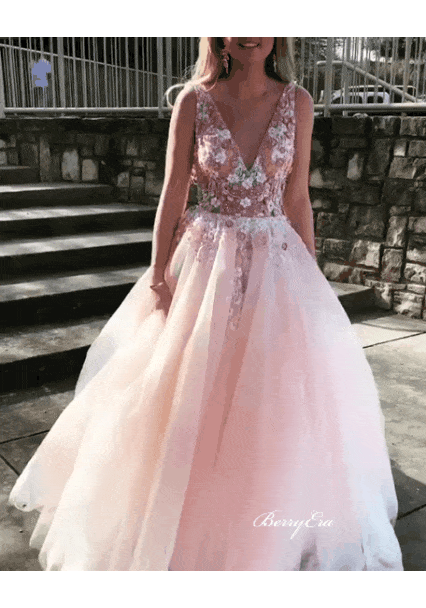 V-neck Blush Lace Appliques Beaded Long Prom Dresses, Prom Dresses