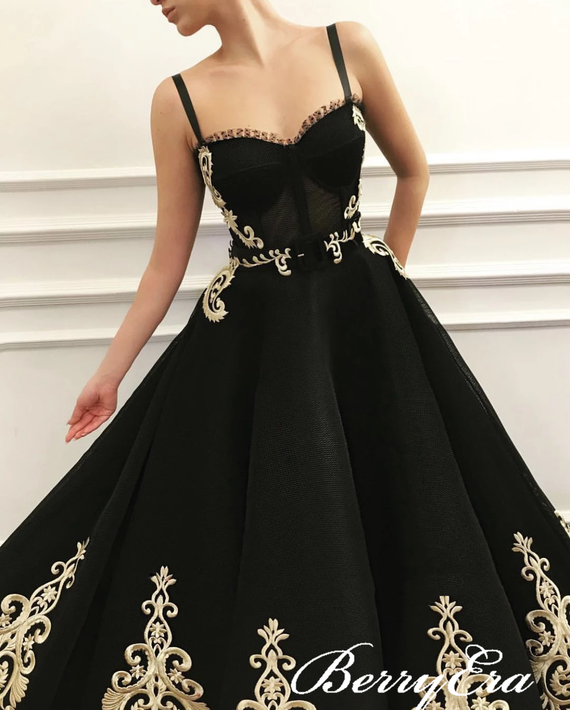 Straps Black Tulle Lace Prom Dresses, Elegant Long Prom Dresses, New Arrival Prom Dresses